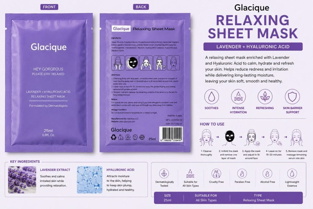 ماسك جلاسيك Glacique المهدئ باللافندر وحمض الهيالورونيك – 25 مل