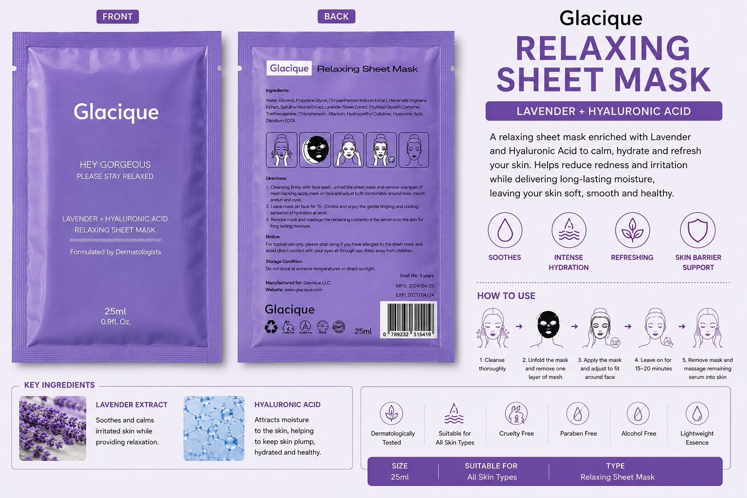 ماسك جلاسيك Glacique المهدئ باللافندر وحمض الهيالورونيك – 25 مل